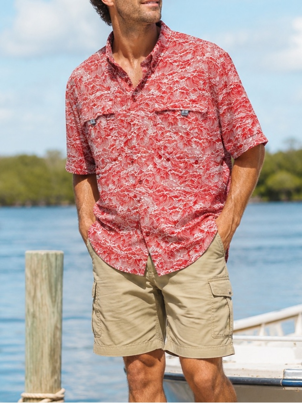 Columbia PFG Super Bahama Fishing Shirt Red Wave Print Omni-Shade Mens XXL